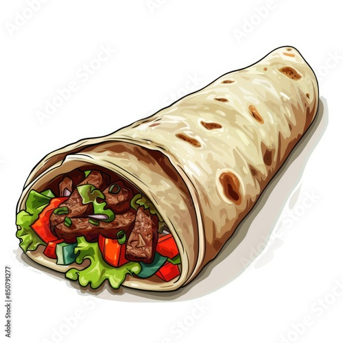 cartoon tapatio wrap with meat and salad isolated vector illustration, in the style of vivid brushstrokes photo
