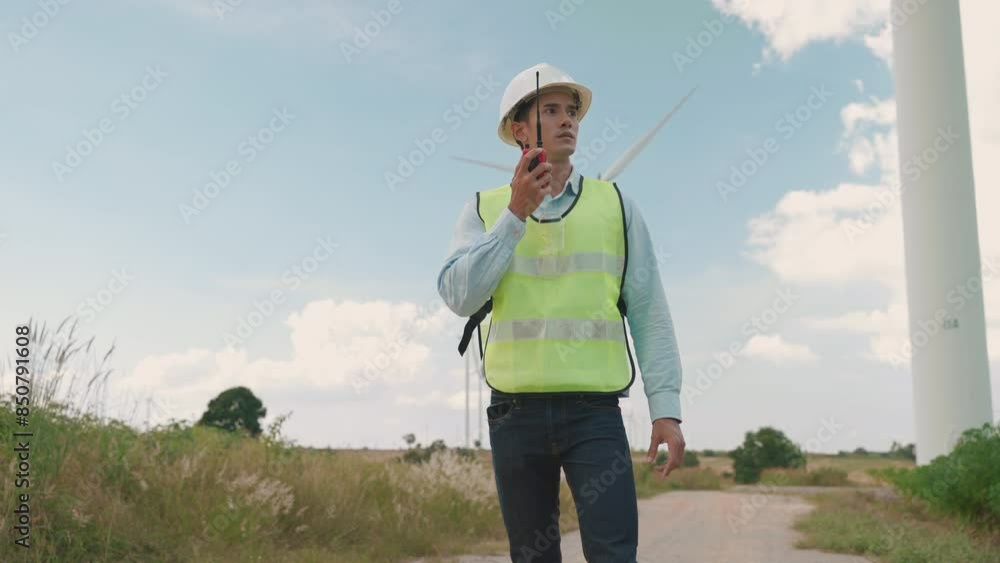 engineer is giving orders with a walkie-talkie while inspecting work in a wind turbine field.
engineer is giving orders with a walkie-talkie while inspecting work in a wind turbine field.