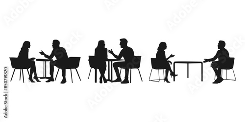 Two people having a conversation. Two business people having meeting silhouette. Two businessmen sitting in chair having a discussion.