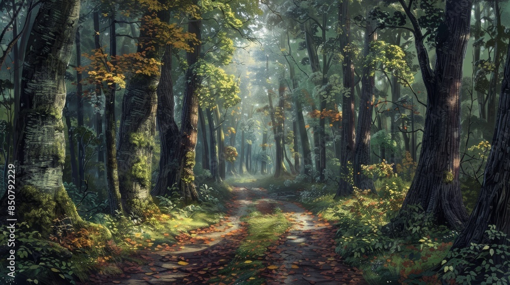Realistic forest background with a winding, leafy path through towering trees