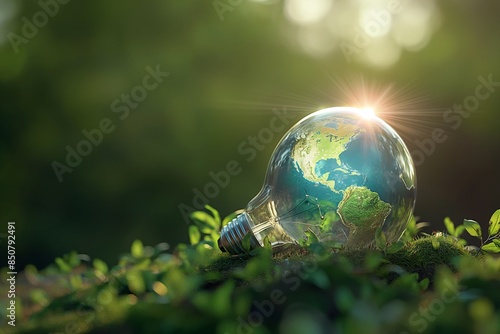 A photo of an eco-friendly light bulb with a blooming miniature green world inside, symbolizing the concept of sustainable energy, ecology, the environment and environmental protection.