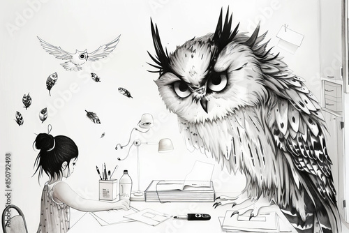 Owl Sorting Mail at Desk While Human Plays with Feathers Gen AI photo