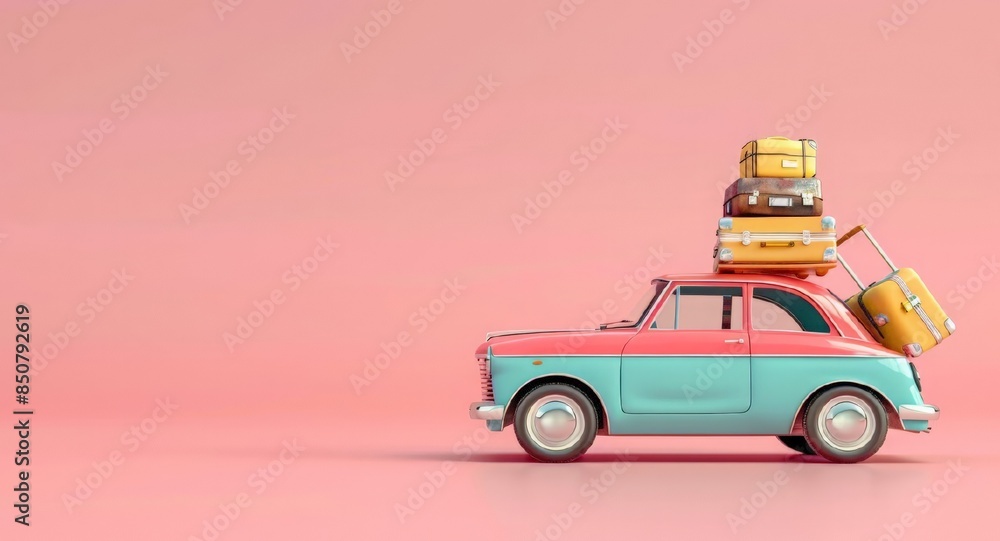 Fototapeta premium Retro car loaded with luggage on a pastel background. Vintage illustration. Summer travel beach vacations concept. Copy space. 