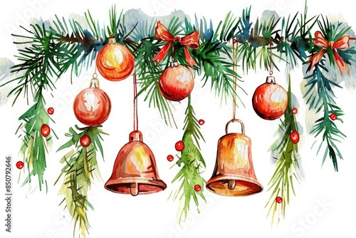 Festive Christmas Decorations and Happy New Year Greetings Watercolor Illustration