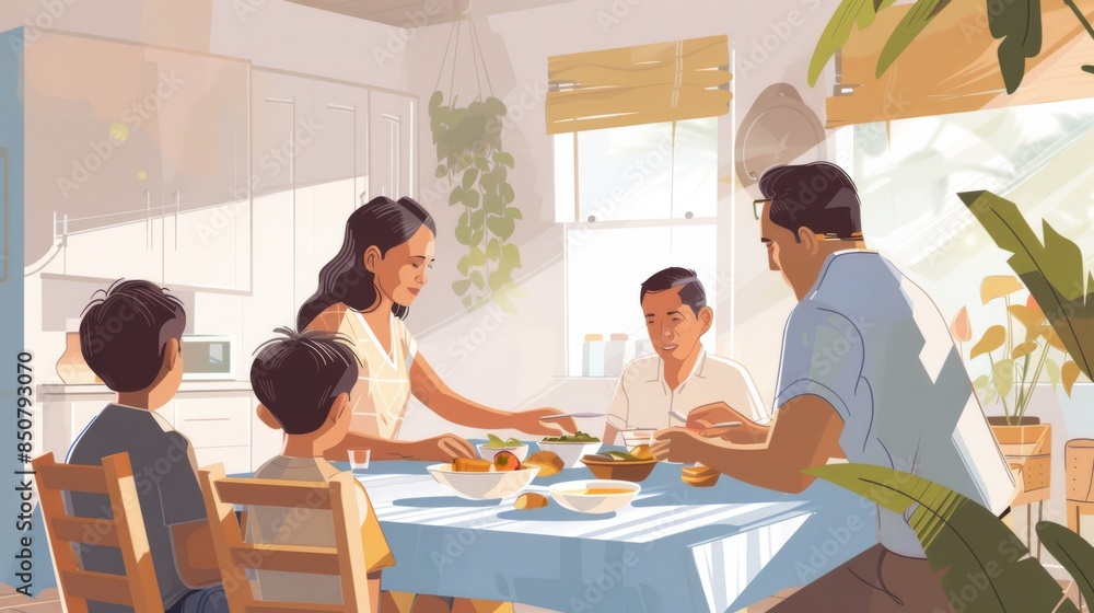 Family Breakfast: Create an image of an Indigenous family having breakfast together at home, with light and bright surroundings.