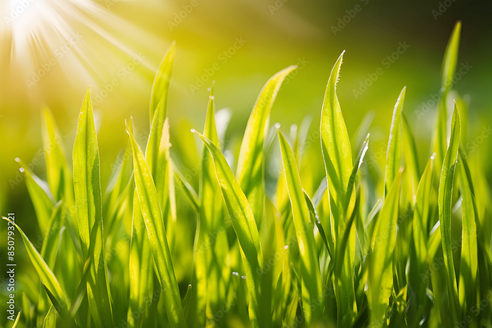 Beautiful natural background macro image of young juicy green grass in bright summer spring morning sunlight. nature outdoors, wide format with copy space. Ai generative. Beautiful natural background macro image of young juicy green grass in bright summer spring morning sunlight. nature outdoors, wide format with copy space. Ai generative.
