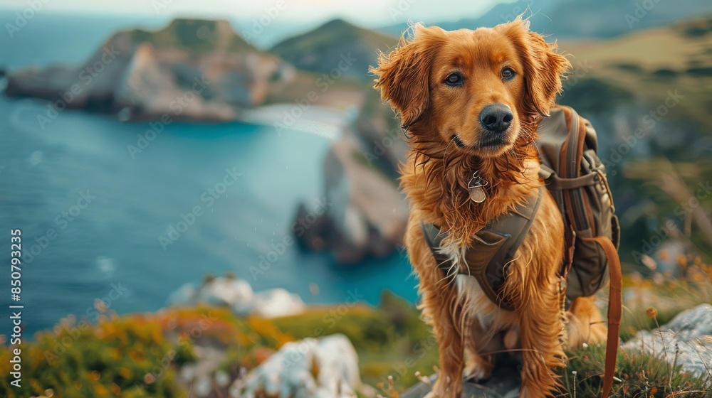 An adventurous dog equipped with a backpack stands on rocky coastal terrain overlooking the sea