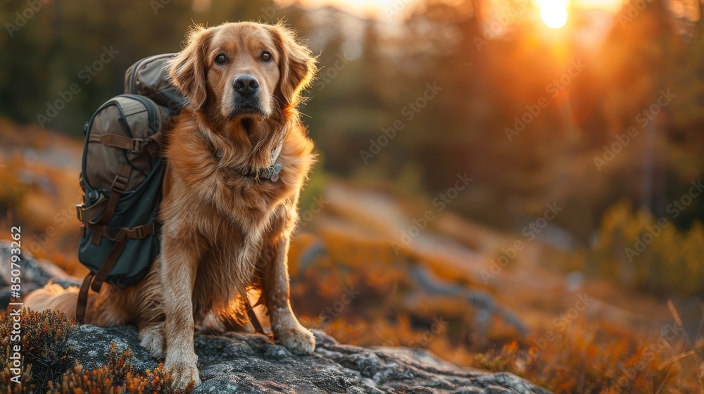 A dog with backpack observes the sunset in a wild, forested landscape, indicating a sense of adventure A dog with backpack observes the sunset in a wild, forested landscape, indicating a sense of adventure