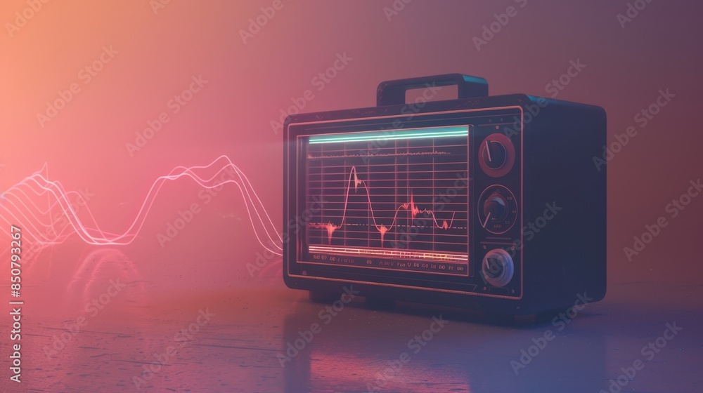 Obraz premium Retro Old Radio with Glowing Sound Waves on Gradient Background - Minimalist Modern Tech Design Concept