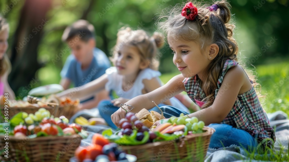 Family Picnic: Depict a family picnic in an urban park, with children enjoying a variety of healthy foods, emphasizing the natural and relaxed setting. Family Picnic: Depict a family picnic in an urban park, with children enjoying a variety of healthy foods, emphasizing the natural and relaxed setting.