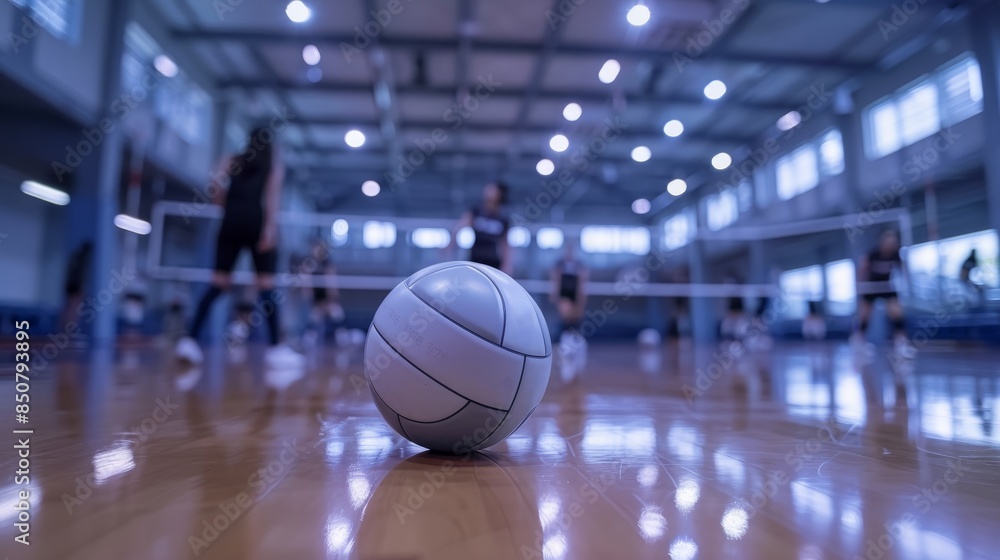 Close-up of a volleyball on an indoor court with players in the background, showcasing sports and teamwork in a gym setting. Close-up of a volleyball on an indoor court with players in the background, showcasing sports and teamwork in a gym setting.