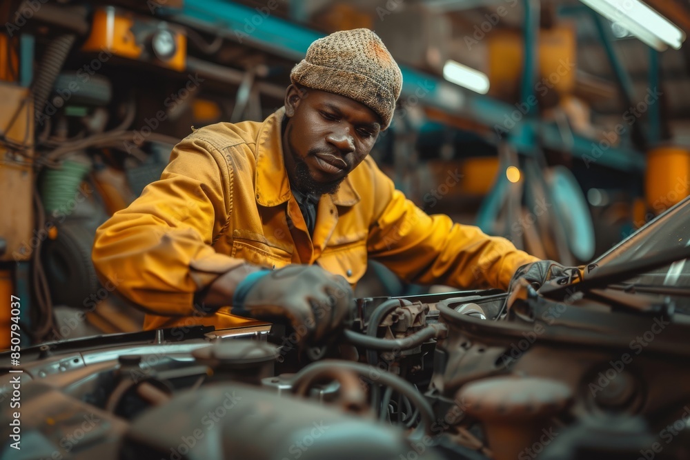 A man in a yellow jacket is working on a car A man in a yellow jacket is working on a car
