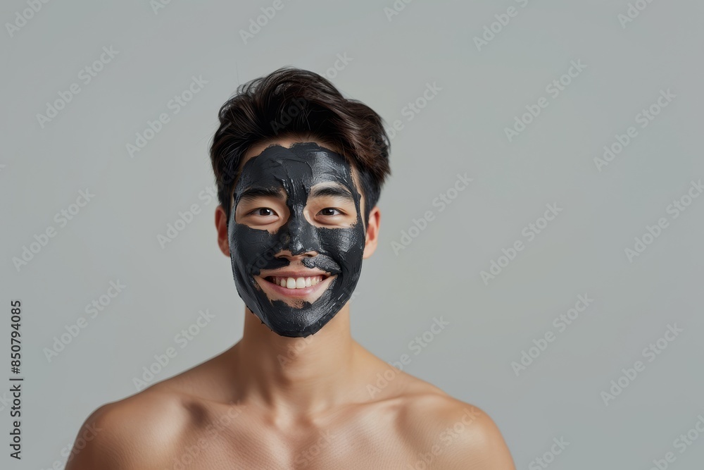 An Asian man with a black facial mask on his face An Asian man with a black facial mask on his face
