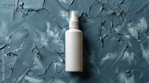 A white spray bottle set against a textured blue-grey painted background, emphasising texture and product photo