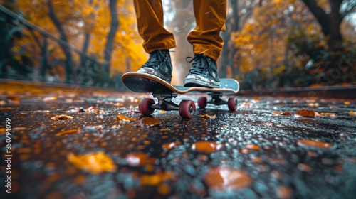 Close-up of feet on a skateboard, dynamic autumn setting with wet ground and fallen leaves