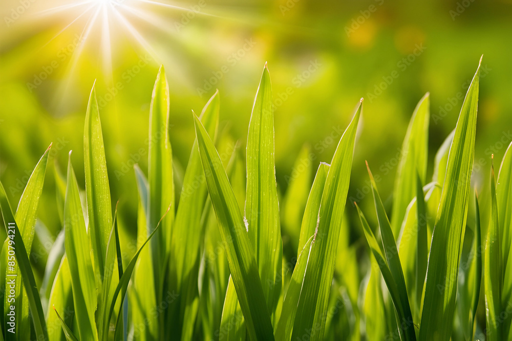 Fototapeta premium Beautiful natural background macro image of young juicy green grass in bright summer spring morning sunlight. nature outdoors, wide format with copy space. Ai generative.