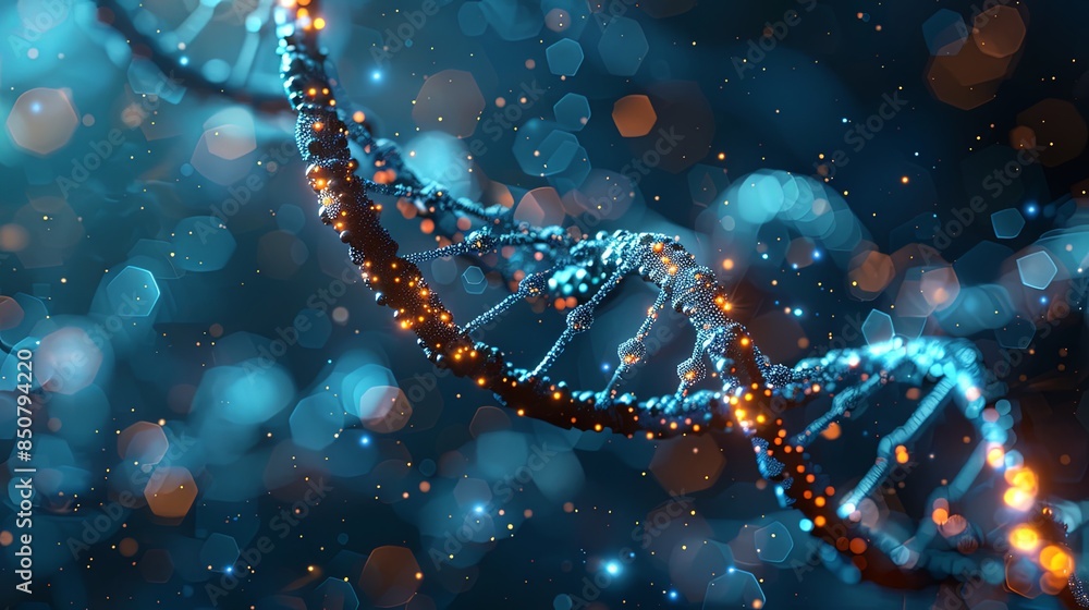 A striking digital representation of DNA with a glowing, futuristic look amidst an abstract, bokeh background A striking digital representation of DNA with a glowing, futuristic look amidst an abstract, bokeh background