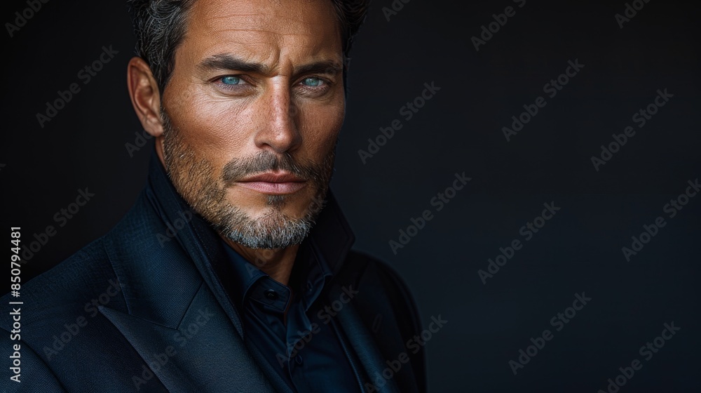 Intense portrait of a sharply dressed man with a piercing gaze against a dark backdrop Intense portrait of a sharply dressed man with a piercing gaze against a dark backdrop
