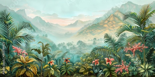 Colorful tropical rainforest. palm leaves and other plants. Aloha textile collection. Tropical forest with dense vegetation of trees, shrubs and vines. AI generated illustration © Or
