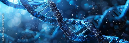 This high-quality image depicts a segment of DNA in a double helix form with a blue color palette, symbolizing biotechnology and scientific discovery