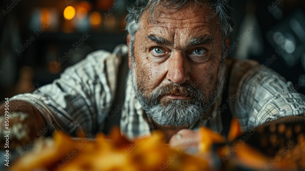 A rugged man engrossed while cooking with flames in a rustic kitchen A rugged man engrossed while cooking with flames in a rustic kitchen