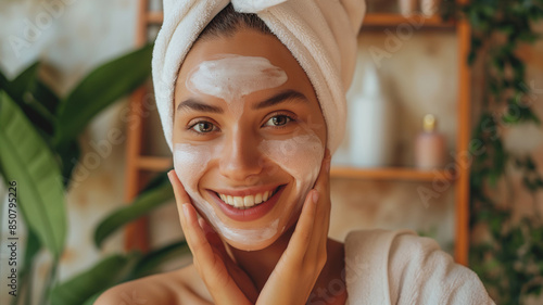 Smiling Woman Enjoying Skincare Routine with Facial Cream, Emphasizing Natural Beauty and Self-Care for Radiant, Healthy Skin. Embrace Relaxation and Wellness with Effective Skincare Treatments.