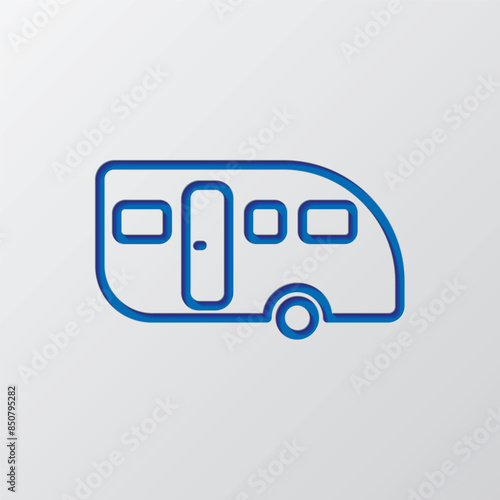 Trailer simple icon. Flat design. Paper cut design. Cutted blue symbol with shadow. Gray background