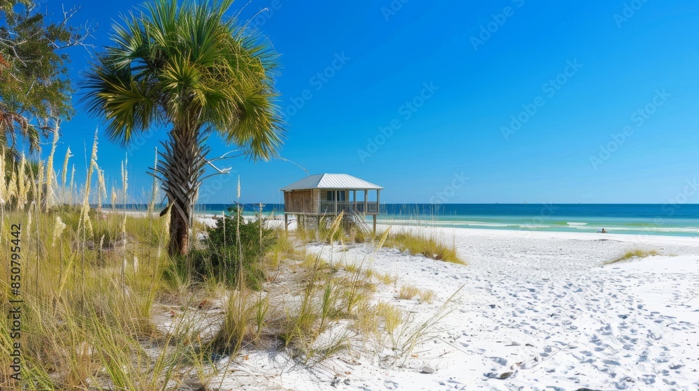 Fototapeta premium Step outside your beach cabin and onto the white sandy beach where the only sounds youll hear are the gentle crashing of waves and the occasional chirping of a bird.