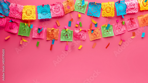 fondo rosa mexicano con adorno de papel picado coloridos en diferentes tonos con espacio para copiar festividad 