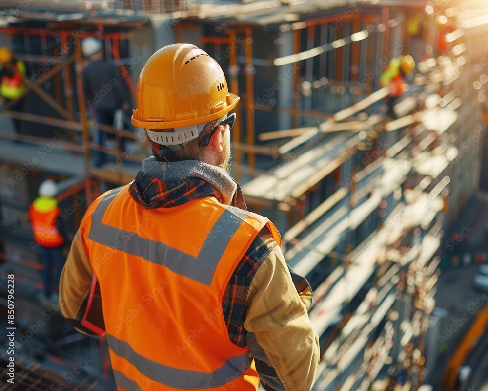 Foreman directing workers on a busy construction site, wearing safety gear, scaffolding and building frames around, wideangle shot, sunny day Foreman directing workers on a busy construction site, wearing safety gear, scaffolding and building frames around, wideangle shot, sunny day