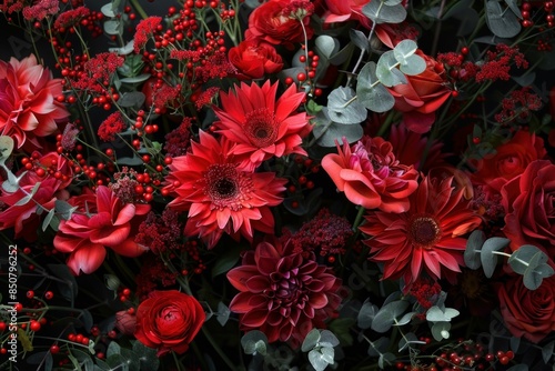 Luxurious and elegant vibrant red floral arrangement with lush foliage and beautiful botanical elements on a dark background