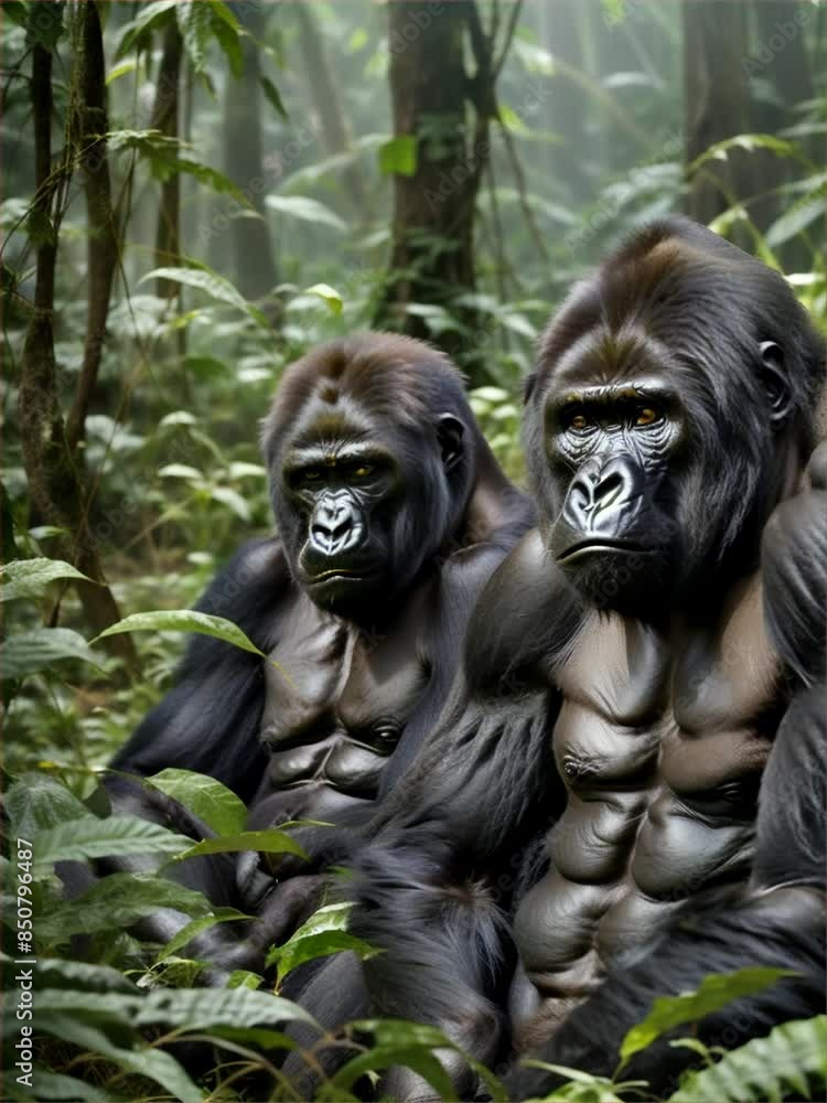 two gorillas sitting in the middle of a forest
two gorillas sitting in the middle of a forest
