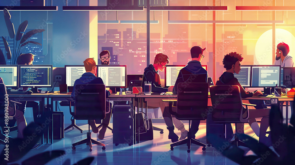 A detailed illustration of programmers working on software in a modern office setting A detailed illustration of programmers working on software in a modern office setting