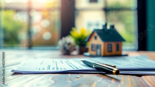 Wallpaper Mural Modern Home Office Elegance: Close-Up of Signed Mortgage Agreement on Stylish Wooden Desk with Decor, Creating a Productive Atmosphere Torontodigital.ca