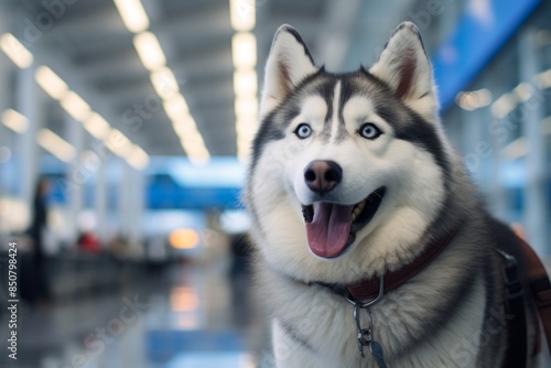 Portrait of a smiling siberian husky in front of busy airport terminal © Markus Schröder