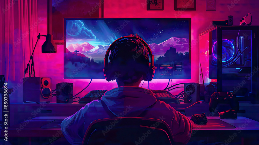 A high-resolution illustration of a young gamer seated in front of a screen intensely playing a video game with the game action clearly visible on the screen A high-resolution illustration of a young gamer seated in front of a screen intensely playing a video game with the game action clearly visible on the screen