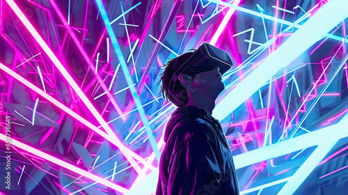 A high-resolution illustration of a man wearing a virtual reality headset immersed in an abstract VR world with neon lines