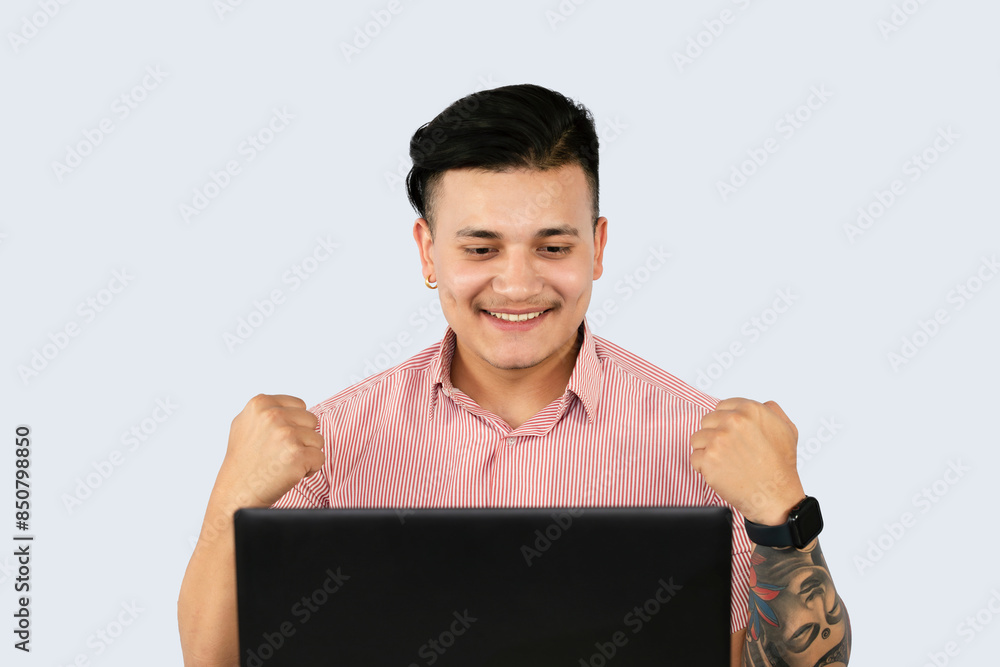 Front Desk Male Receptionist with Mobile Device Laptop and Notepad gives expressions and gestures of happy in Office Environment Front Desk Male Receptionist with Mobile Device Laptop and Notepad gives expressions and gestures of happy in Office Environment