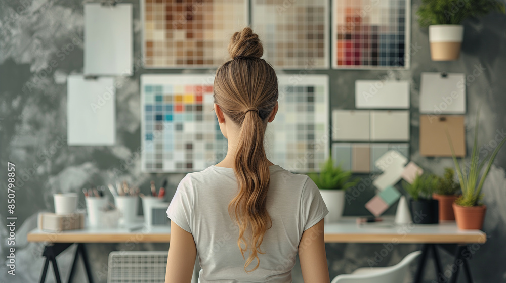 Woman Analyzing Color Swatches in Creative Studio Woman Analyzing Color Swatches in Creative Studio