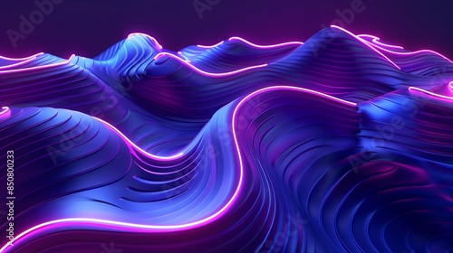 An abstract background with wavy lines and neon glowing elements in the style of dark blue purple gradient.