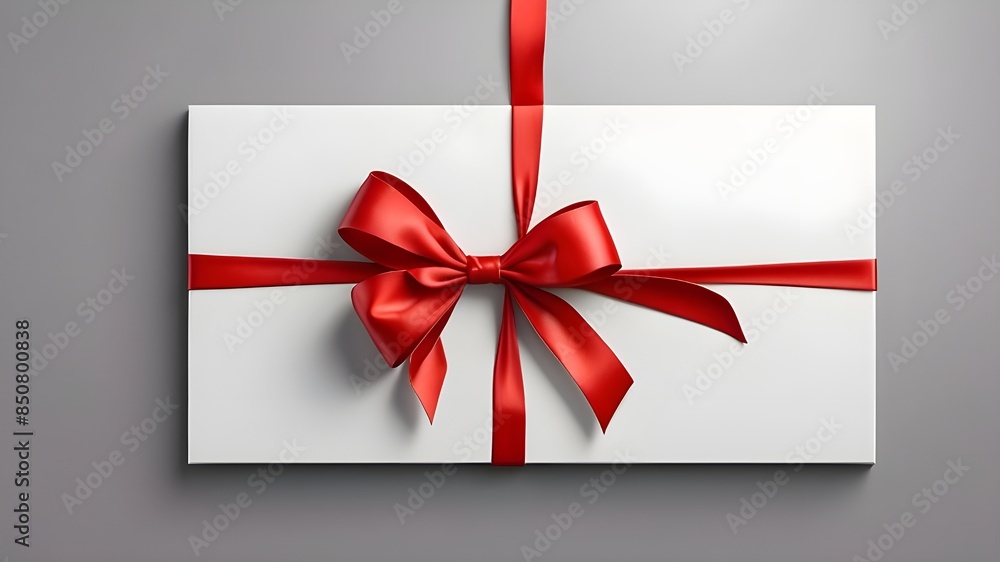 A simple conceptual present signboard or a blank white gift voucher with a red ribbon bow, isolated on a grey background with shadows A simple conceptual present signboard or a blank white gift voucher with a red ribbon bow, isolated on a grey background with shadows