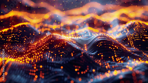 A photorealistic 3D illustration of cyber big data flow featuring blockchain data fields and network line connect streams The scene should represent the concepts of AI technology digital communication