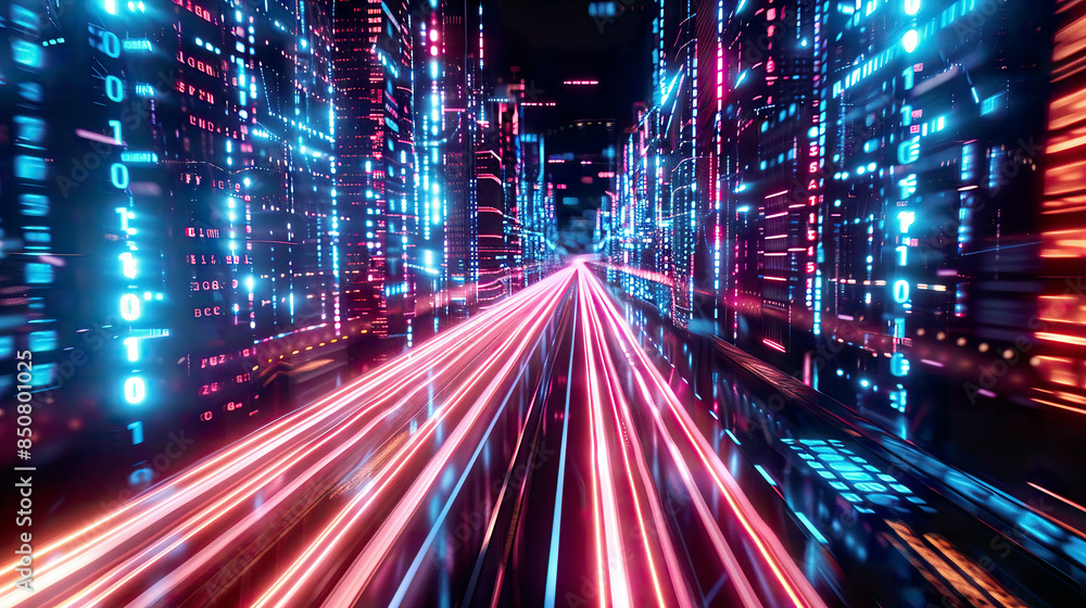 A photorealistic 3D rendering of an abstract highway path cutting through digital binary towers in a futuristic city A photorealistic 3D rendering of an abstract highway path cutting through digital binary towers in a futuristic city