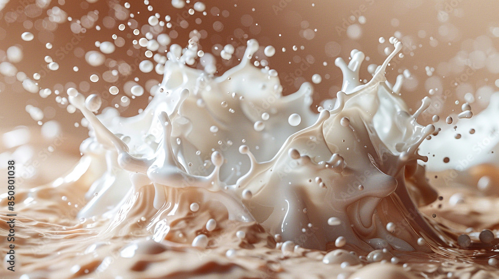chocolate milk splash with white cream and swirl on beige background chocolate milk splash with white cream and swirl on beige background