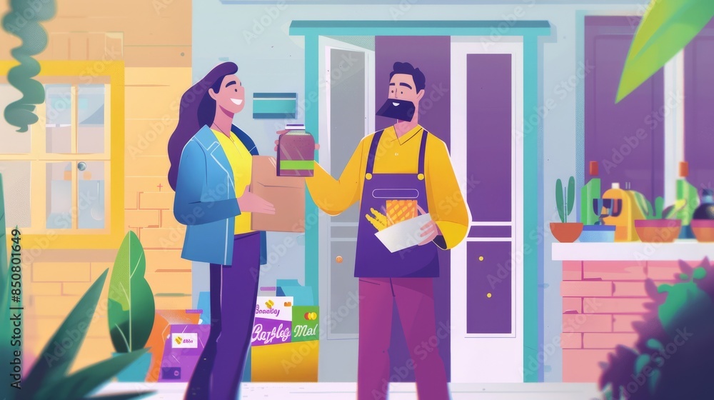 Grocery Delivery: Create an image of a delivery person handing groceries to a customer at their doorstep, with the customer using a Barclaycard to pay. The scene should be efficient and cheerful. Grocery Delivery: Create an image of a delivery person handing groceries to a customer at their doorstep, with the customer using a Barclaycard to pay. The scene should be efficient and cheerful.