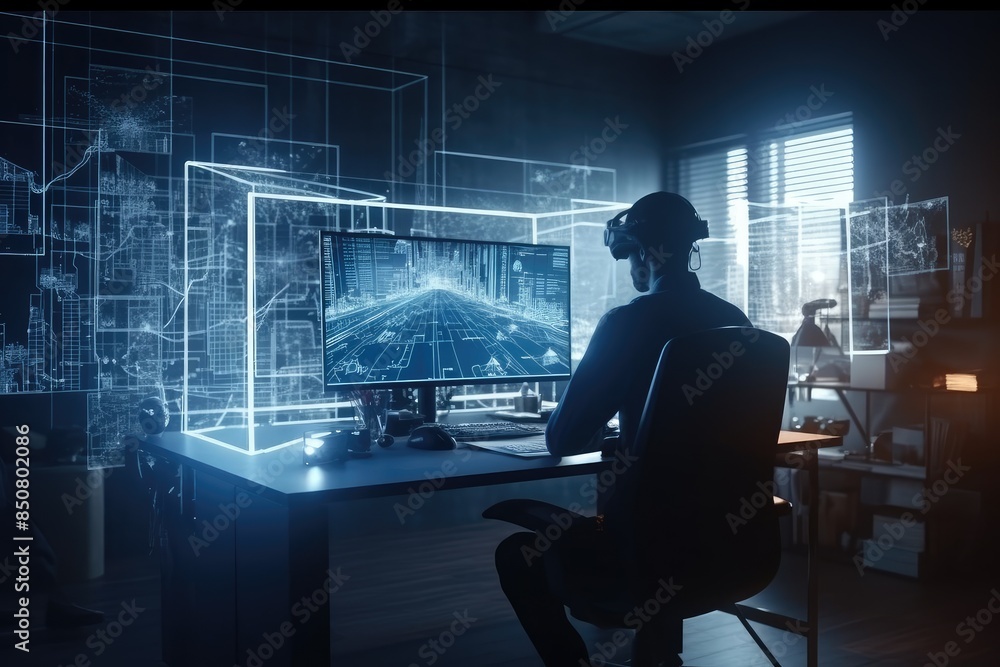 Futuristic Workspace with Virtual Reality Futuristic Workspace with Virtual Reality