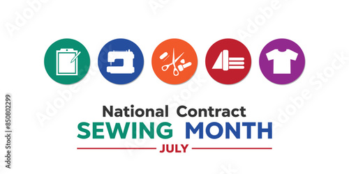 National Contract Sewing Month. Contract, sewing machine, scissors, thread, needle, fabric and t shirt. Great for cards, banners, posters, social media and more. White background. 
