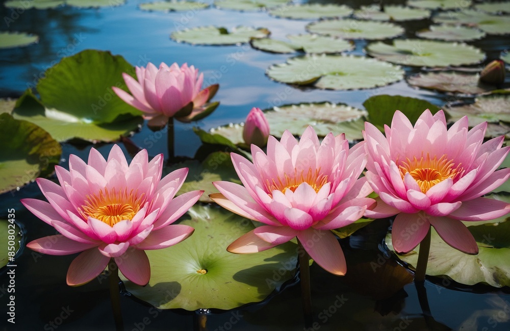 Clear water with pink lotuses, resulting in a serene flower setting Clear water with pink lotuses, resulting in a serene flower setting