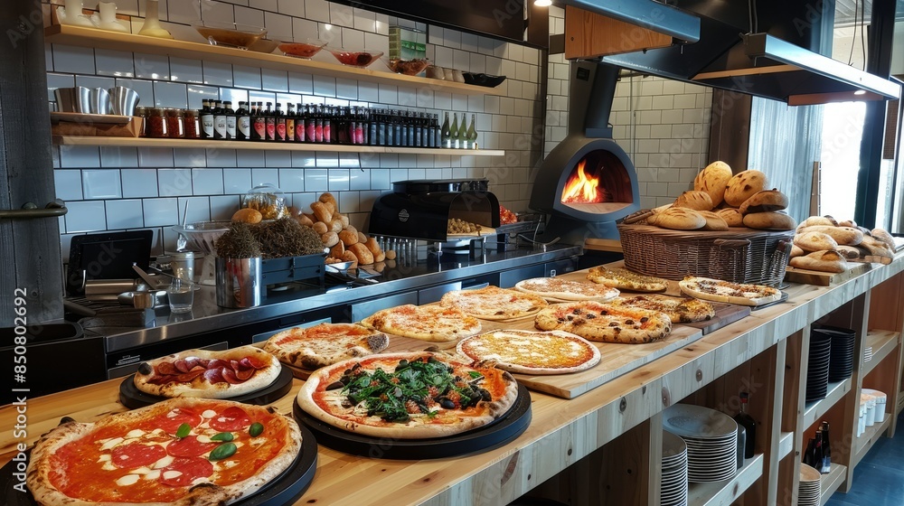 gourmet pizza place with a wood-fired oven and an array of fresh, artisanal toppings. AI generated gourmet pizza place with a wood-fired oven and an array of fresh, artisanal toppings. AI generated