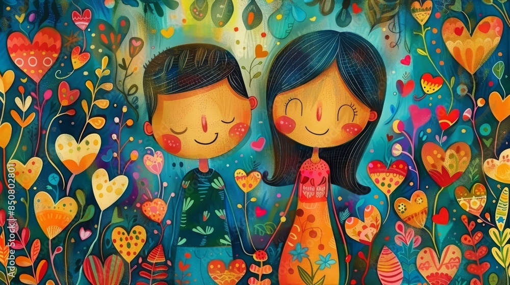 Young couple in love, illustrated in a cute and playful cartoon style Young couple in love, illustrated in a cute and playful cartoon style